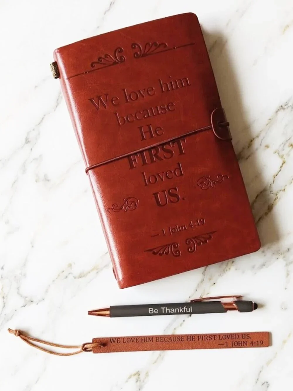 Brown Embossed Leather Journal with Pen Bookmark - 1 John 14:9
